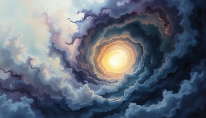 Abstract Indigo Vortex: Watercolor Swirls of Gray, Lavender, and Golden Light Serenity