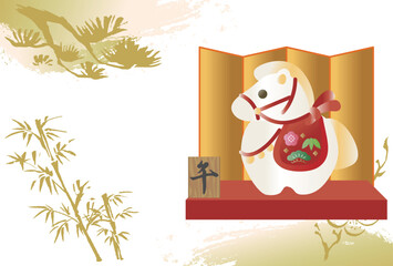 年賀状　年賀　2026　午　午年　馬　うま　土鈴　かわいい　はがきテンプレート　デザイン　イラスト