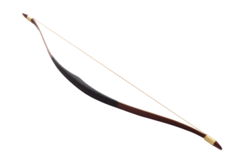 Traditional recurve composite bow with black leather grip on black background, cut out