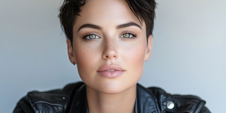 Close-up of a trans woman with short hair, bright eyes, and an empowering look, wearing a leather jacket. 