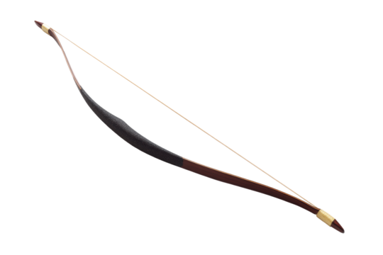 Traditional recurve composite bow with black leather grip on black background, cut out