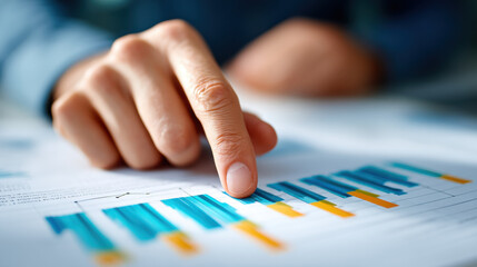 Close up of person hand pointing at financial chart with colorful bar graphs on paper, indicating data analysis or financial review, in professional setting, with blurred background