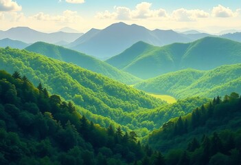 Fototapeta premium Lush green forest covering rolling mountains, vibrant vector illustration, scenic, green