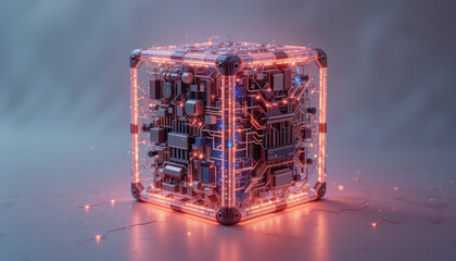 Glowing Digital Cube With Circuitry	
