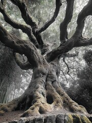 Massive ancient tree with thick twisted branches and gnarled roots covered in moss under a cloudy sky in dense forest