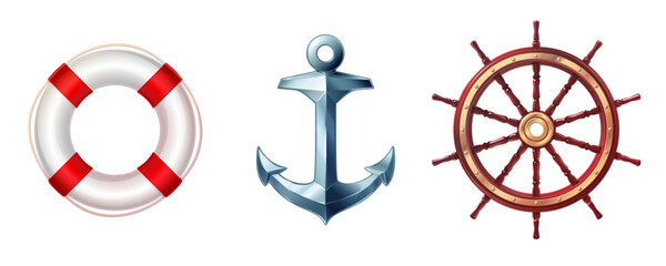 vector sea ocean maritime icon silver vintage lifebuoy, anchor, boat handwheel set. Clipart isolated on transparent background  © Vetra Kori