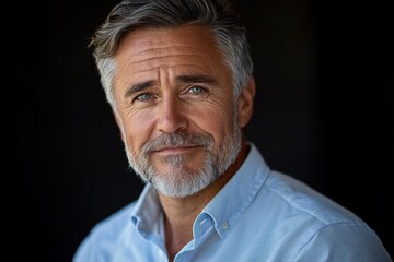 Fototapeta premium portrait of a confident middle-aged man with gray hair and beard wearing a light blue shirt against a dark background