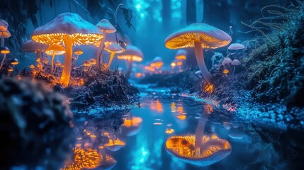 Naklejka premium Enchanted Forest Glowing Mushrooms and Mystical River