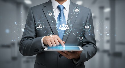 Businessman Using Tablet:  Networked Team, Modern Style