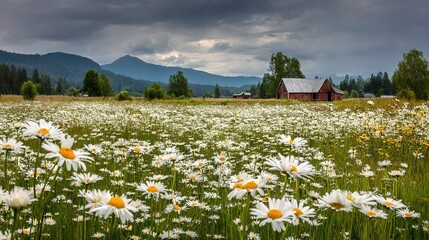 Scenic Daisy Field with Distant Barn Under Dramatic Sky