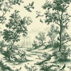 Detailed vintage style forest landscape with various birds flying and perched in large leafy trees, a deer standing by a calm stream, and dense woodland under a cloudy sky