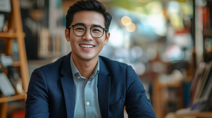 Fototapeta premium asian businessman startup company entrepreneur sit smile with happiness in new shop store office background business ideas concept