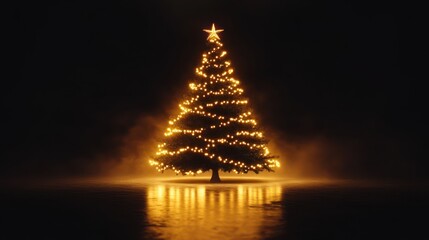 Single Christmas tree decorated with glowing warm yellow lights and star on top reflecting on a surface with dark background, evoking warmth and festive spirit