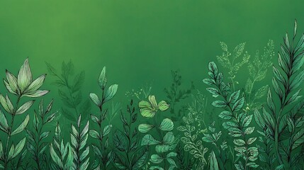 Obraz premium Stylized Foliage Pattern Sketches on Verdant Green Background