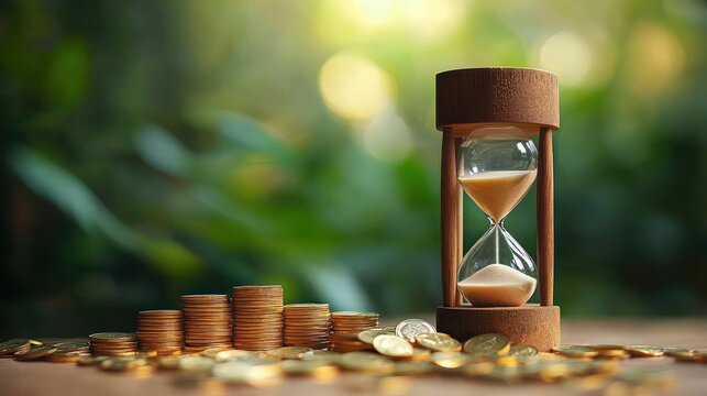 Stacks of coins growing in size next to a wooden hourglass with flowing sand symbolizing the passage of time and financial growth