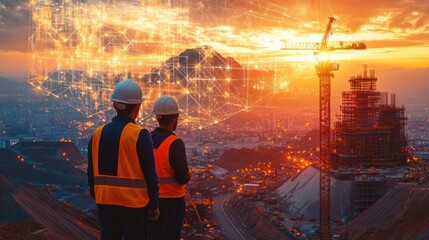 Two construction workers in safety helmets and vests overlooking an urban construction site at sunset with a mountain backdrop and digital network overlay