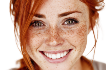 Smiling young caucasian female with red hair and freckles close-up, cut out