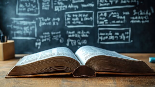 Open book lying on wooden desk in front of blackboard with mathematical and scientific formulas written in chalk, symbolizing study and learning environment