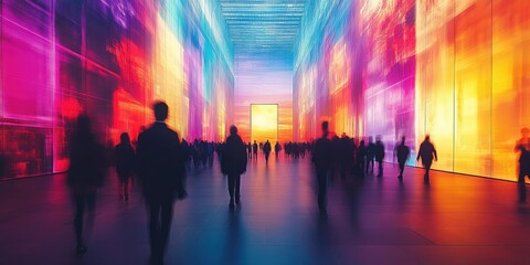 Fototapeta premium silhouettes of people walking through a large illuminated corridor with vibrant colorful abstract light walls creating a futuristic atmosphere