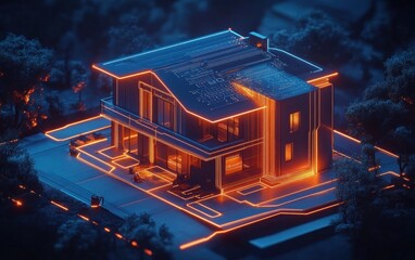 Futuristic house model glowing with orange neon outlines and digital circuit patterns at night surrounded by trees in dark environment