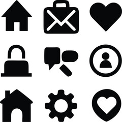 Collection of Simple Black Glyph Icons Home, Mail, Heart, Lock, Chat, User, Gear