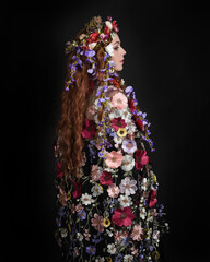 Studio Portraits of Female Model as Celtic Spring Goddess, Floral Fantasy Costume, Inspired by Beltane Pagan Mythology, posing facing away, looking backwards. isolated Dark studio Background