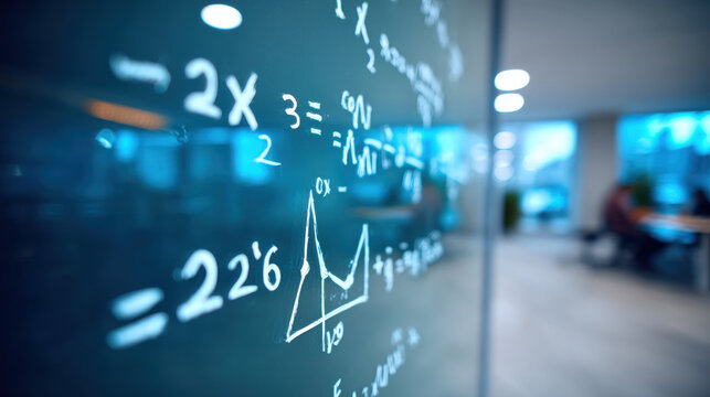 Closeup of mathematical symbols and graphs glass surface modern office or educational environment, conveying sense of analysis and data interpretation, with blurred background showing people