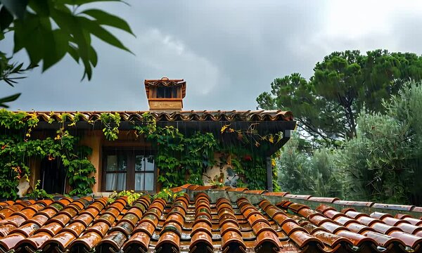 Rain-soaked terracotta roof tiles gleam under a stormy sky, lush vegetation clinging to the building's walls