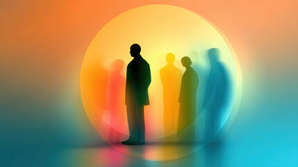 Silhouettes of diverse people standing inside colorful, glowing sphere, symbolizing unity, diversity, and psychological safety in vibrant, abstract setting