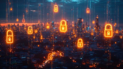 Fototapeta premium Cityscape at dusk with glowing digital padlock icons floating above buildings symbolizing cybersecurity and data protection