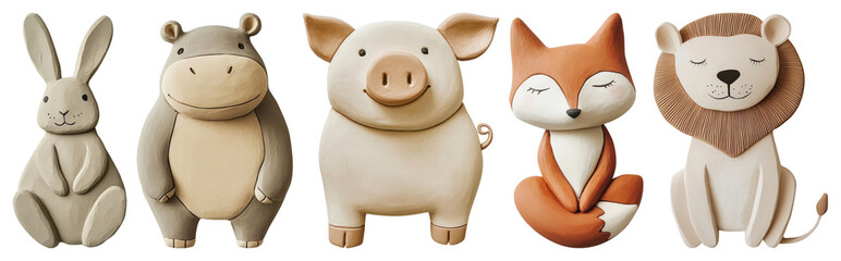 PNG Cute animal clay figures, element set on transparent background