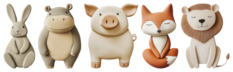 PNG Cute animal clay figures, element set on transparent background