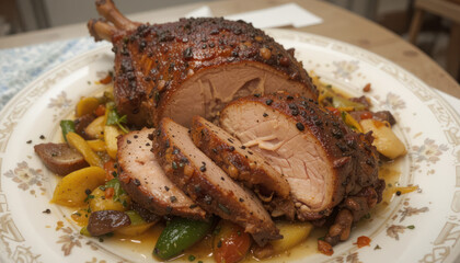 Roasted Duck Slices With Vegetables On Plate	
