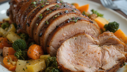 Roasted Duck Slices With Vegetables On Plate	
