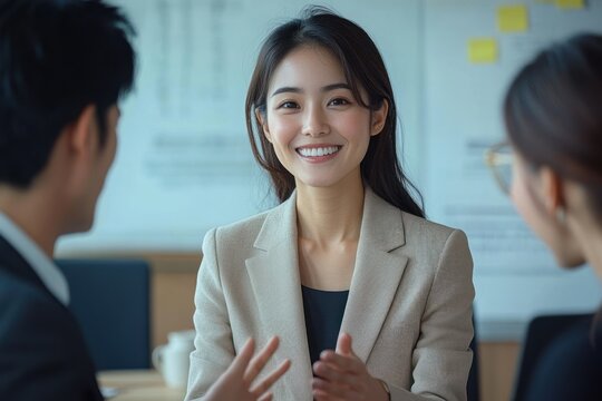 Young professional woman smiling warmly while engaging in a meeting with two colleagues in a modern office environment - Powered by Adobe