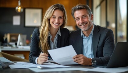 Smiling young professional woman and middle-aged man working together on documents in modern office setting