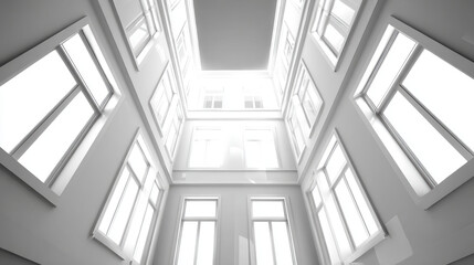 Fototapeta premium Bright interior view of modern building with multiple windows and natural light, creating open and airy atmosphere, emphasizing transparency and architectural design, udggwp Depicting building