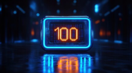 Obraz premium Glowing digital scoreboard displaying the number 100 illuminated in bright orange and blue neon lights in a dark futuristic setting with reflective wet floor