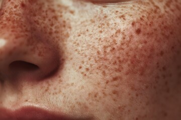 A close-up view of a face with beautiful freckles