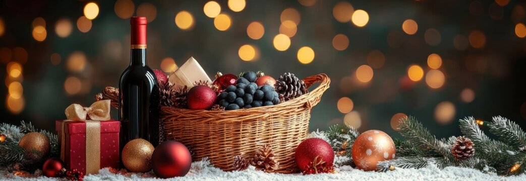 Festive holiday wicker basket filled with grapes, pine cones, and ornaments next to a bottle of red wine and wrapped presents with glowing blurred lights in the background - Powered by Adobe