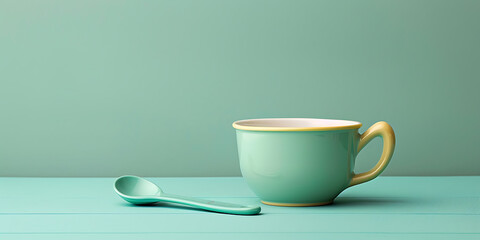 Mint Green Ceramic Cup with Gold Rimmed Handle Beside Matching Spoon on Pastel Green Surface Background

