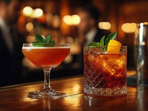 Two elegant cocktails garnished with fresh mint and citrus peel on a wooden bar counter with warm ambient lighting and blurred background of people