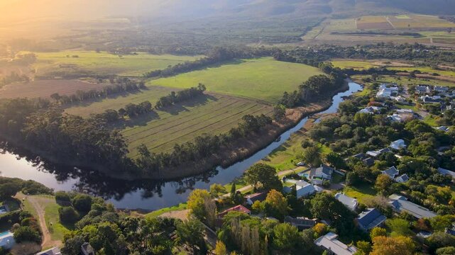 Stanford in Overberg countryside nestled next to Klein River, sunset drone view