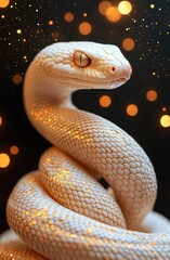 Fototapeta premium Close-up of a coiled white snake with golden scales and glowing amber eyes against a dark background with golden bokeh lights, evoking a mystical and captivating mood