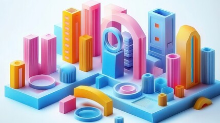 Abstract colorful 3D geometric shapes resembling a futuristic cityscape with arches, cylinders, and rectangular towers in blue, pink, orange, and yellow hues on a light background