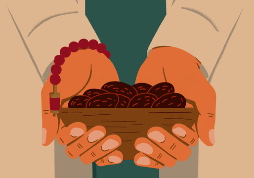 Illustration of hands holding a bowl of dates with prayer beads symbolizing Ramadan and Iftar
