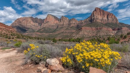 Expansive Desert Landscape Featuring Blooming Yellow Flowers