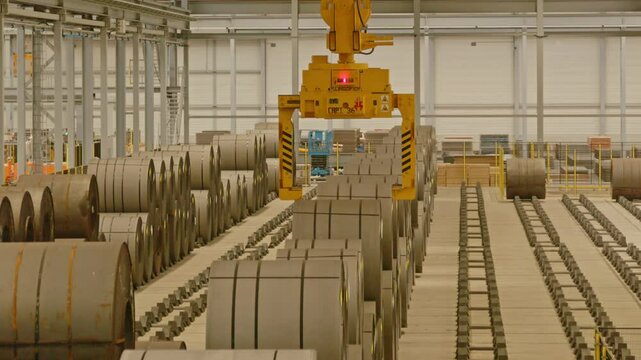A large picks up a heavy steel coil from a row of cold rolled strips in an automated warehouse