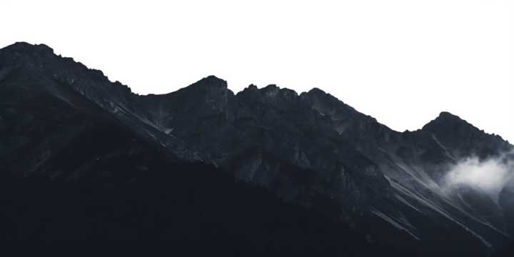 Dramatic dark mountain range silhouette isolated on a white background png