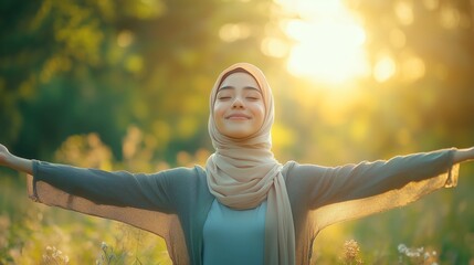 Young Asian Muslim woman stretching and breathing fresh air in nature, feeling relaxed, minimalistic style with copy space